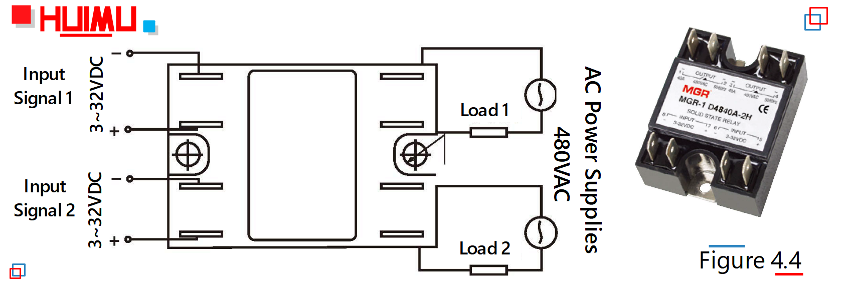 The picture and wiring diagram of single phase dual solid state relays