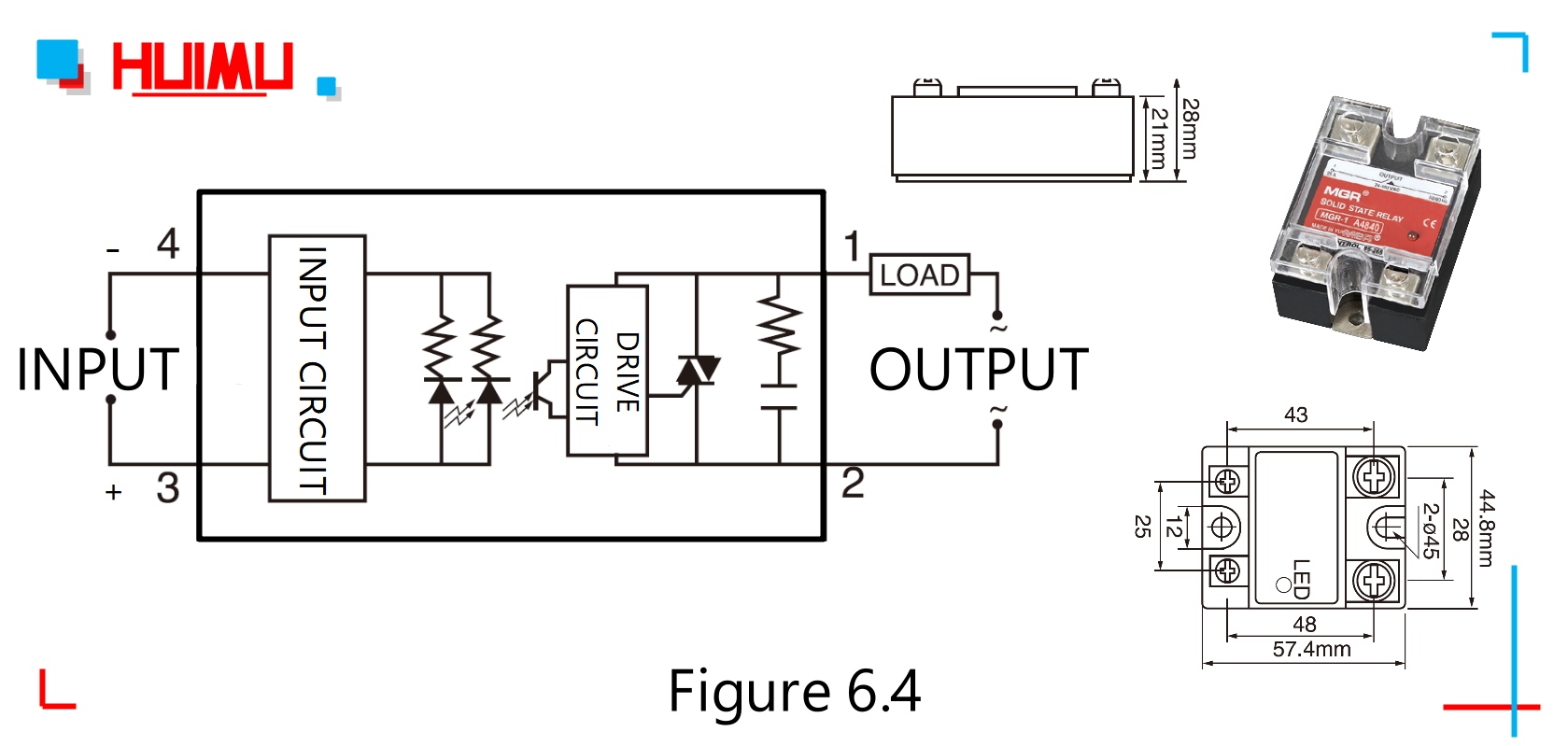 Circuit diagram, dimensions, and drawing of the zero-crossing AC solid state relays