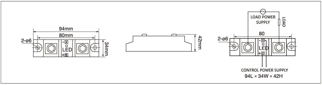Dimensions,_circuit_wiring_diagram,_industrial_DC_to_AC_solid_state_relay_schematic_of_mager_MGR_H3200P_industrial_single_phase_DC_to_AC_solid_state_relay│HUIMULTD