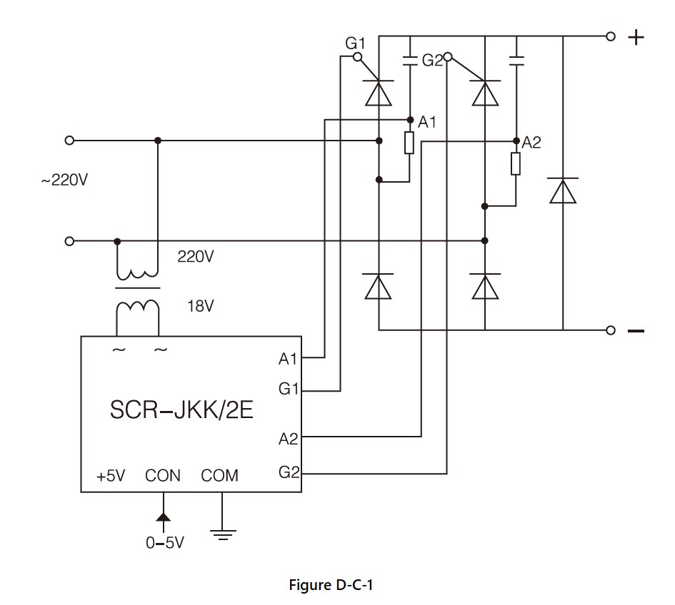 Wiring diagram - the SCR JKK/2 with two sets of SCR and 3 rectifier diodes, RC circuit