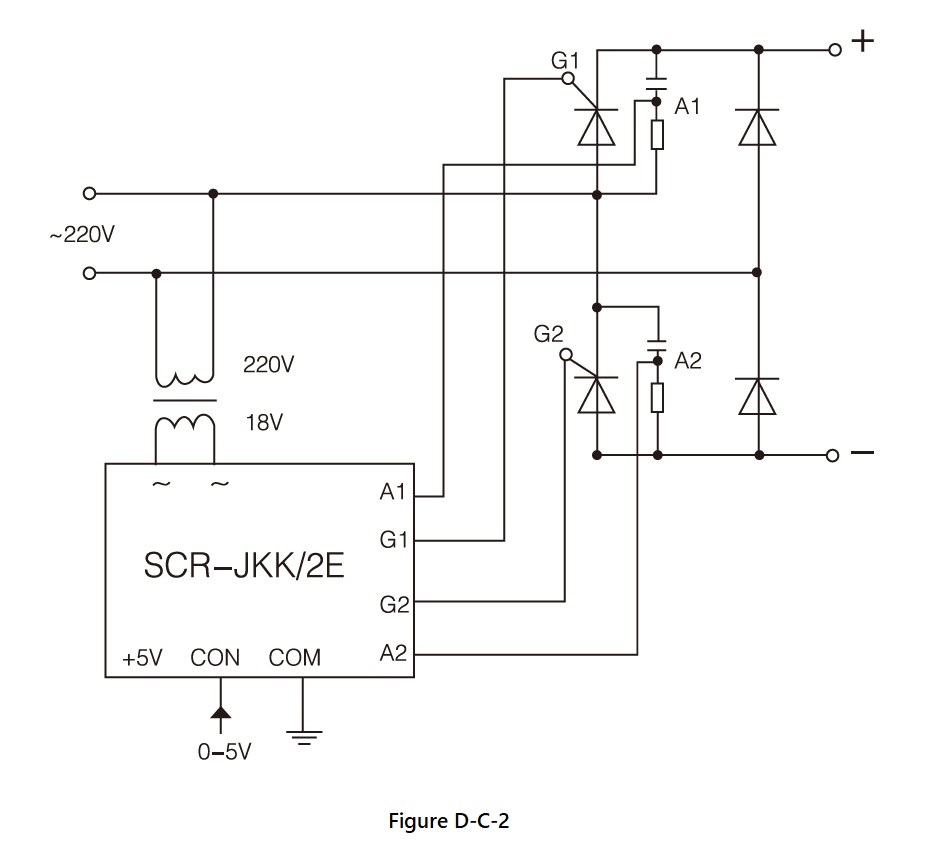 Wiring diagram - the SCR JKK/2 with two sets of SCR and 2 rectifier diodes, RC circuit