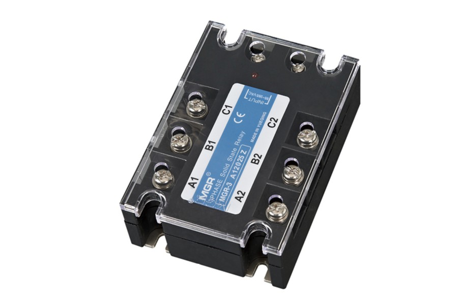 MGR 3A12025Z, MGR 3A series three phase AC to AC solid state relay, AC input, AC output, 24VAC, 1200VAC, transparent cover, panel mounting with metal base and screw terminals