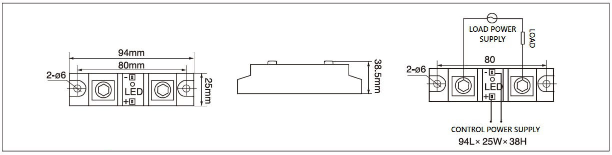 Dimensions,_circuit_wiring_diagram,_industrial_DC_to_AC_solid_state_relay_schematic_of_mager_MGR_H3100P_industrial_single_phase_DC_to_AC_solid_state_relay│HUIMULTD