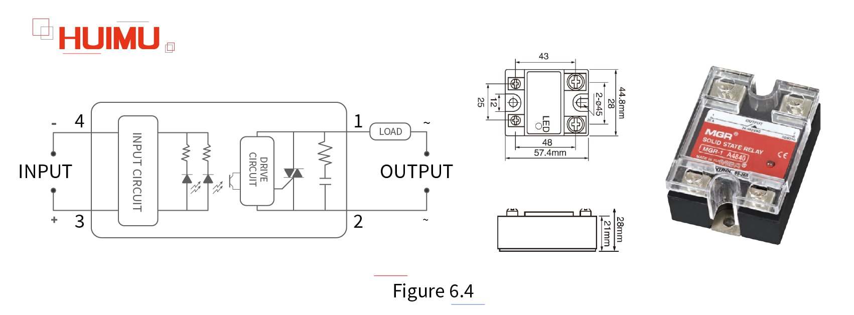 Circuit diagram, dimensions, and drawing of the zero-crossing AC solid state relays